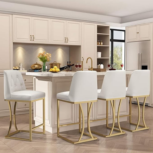 24" Counter Height Bar Stools Set of 4, White Counter Stools with Back and Gold Metal Frame, Modern Luxury Barstools with Footrest, Upholstered PU Leather Bar Chairs for Kitchen Island
