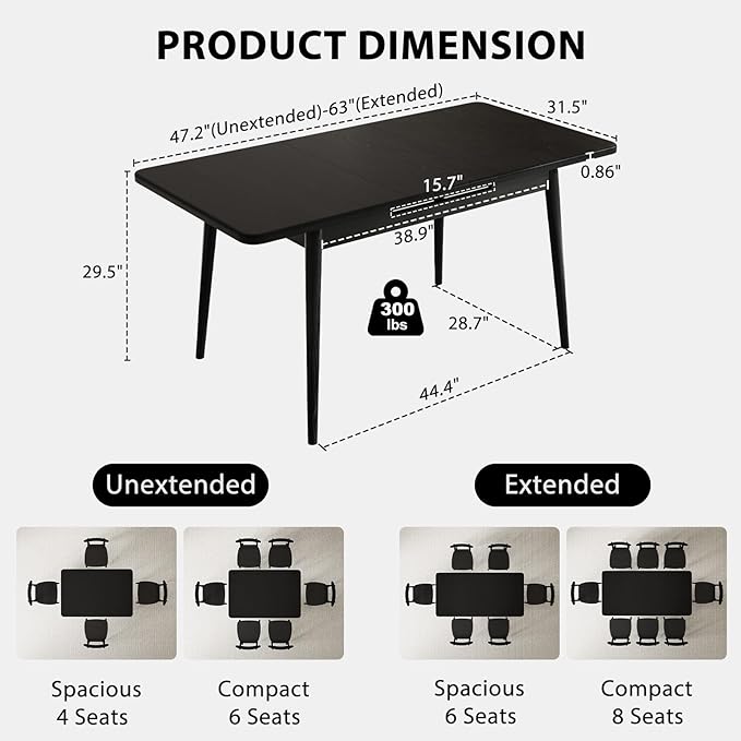 Solid Wood Extendable Dining Table for 4-8 People with Seamless Extension from 47.2 to 63 Inches, Easy Assembly, Expandable Tables for Small Spaces, Dining Room, Kitchen, Living Room, Black