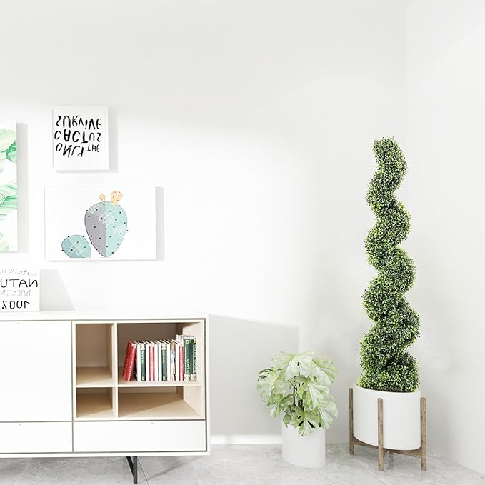 4FT Artificial Boxwood Spiral Topiary Trees, 4ft Tall (2 Pieces) Faux Plant Outdoor, All-Year Green Fake Plant with Replaceable Leaves for Decorative/Indoor/Porch/Garden