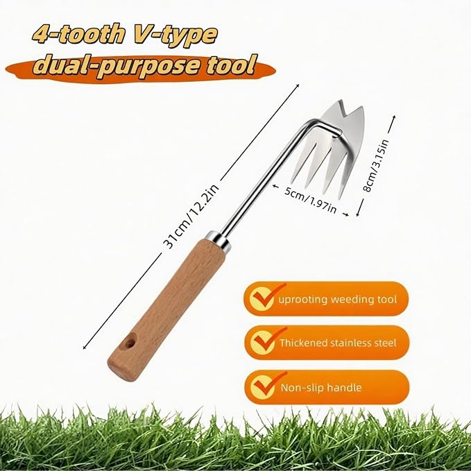 Weed Puller Tool,Portable Garden Weeder Tool,2025 New Gardening Weeding Tools, Hand Weeder Tool with Handle, 4 - Tooth Manganese Steel for Gardening Backyard Farm