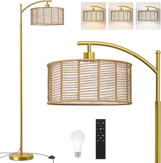 Oneach 62.5'' Gold Arc Floor Lamp for Living Room, Rattan Boho Floor Lamp with Remote and Dimmable Bulb, 3 Color Temperatures, Farmhouse Rustic Modern Standing Lamp for Bedroom Office Corner