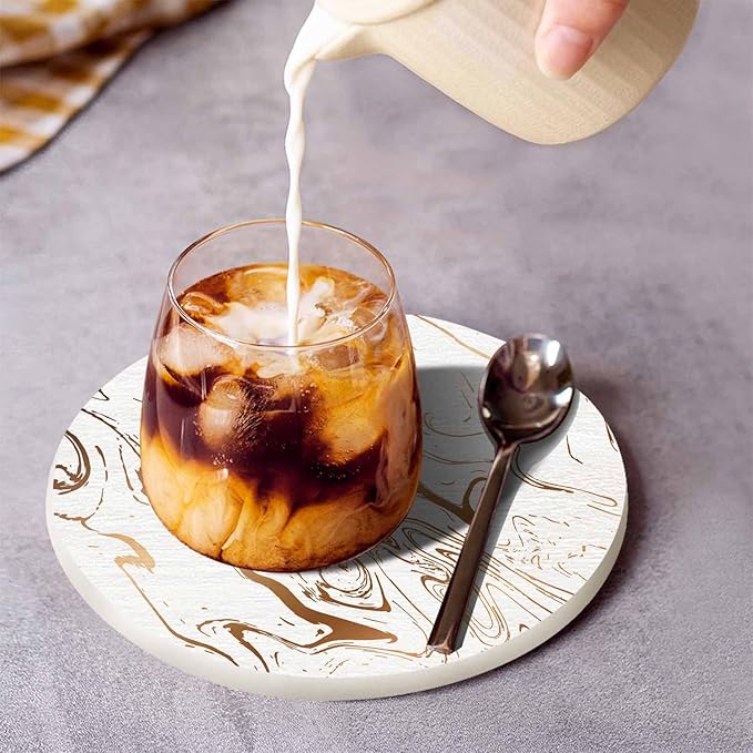 Liquid Marble Texture Coasters for Drinks 2 Pack Water Wave Curve Modern Doodle White Gold Oil Stain Line Tabletop Protection Kitchen and Coffee Table Décor & Accessories,Set of 2