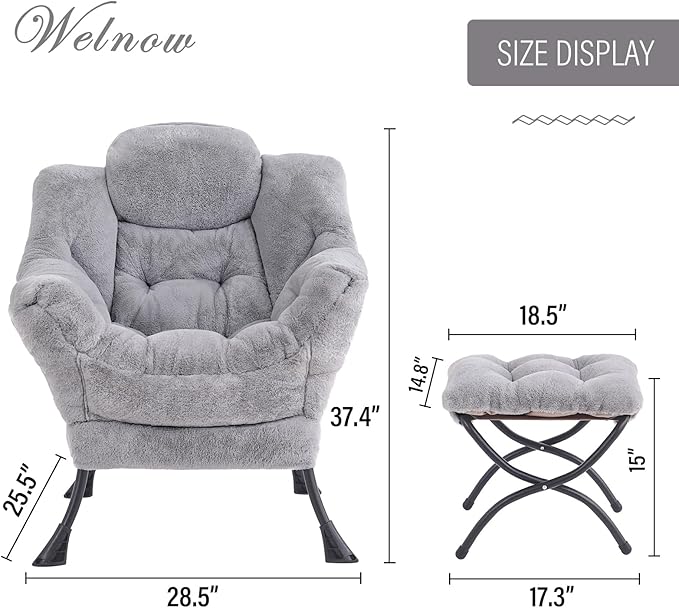 Welnow Lazy Chair with Ottoman, Modern Lounge Accent Chair with Armrests and a Side Pocket, Leisure Sofa Armchair, Reading Armchair with Footrest for Small Space, Plush Grey