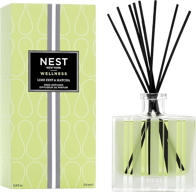 NEST New York Reed Diffuser, Lime Zest & Matcha - 5.9 fl oz - Fragrance for Up to 90 Days - Reusable, Refillable Glass Holder - Includes 8 All-Natural Reed Sticks - Flame Free