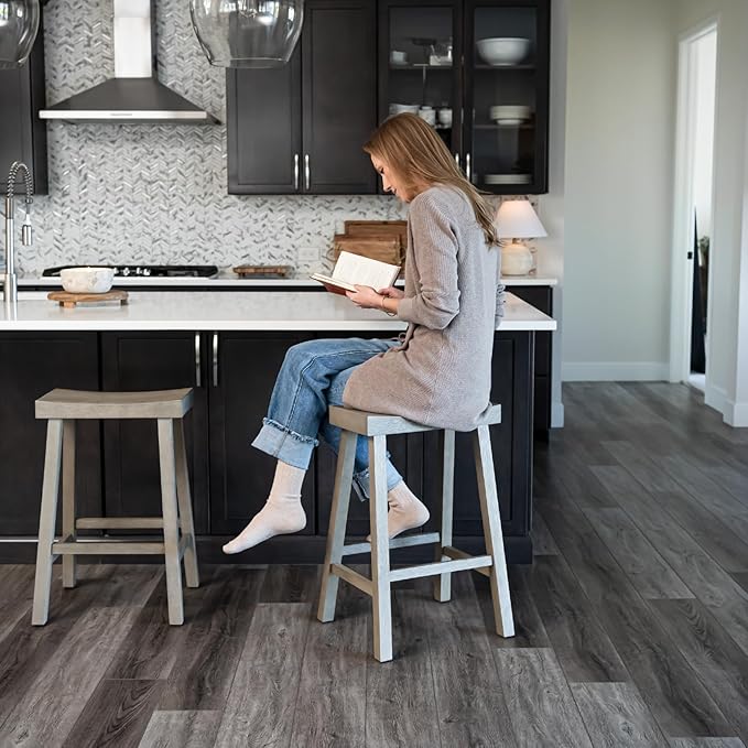 Maven Lane Kitchen Bar Stool, Modern Farmhouse Wood Counter Barstool, Kitchen Island Stool, Counter Height Bar Stools for Kitchen, Wide Seat Backless Bar Stools, Vincent 26", Antiqued Grey, Set of 4