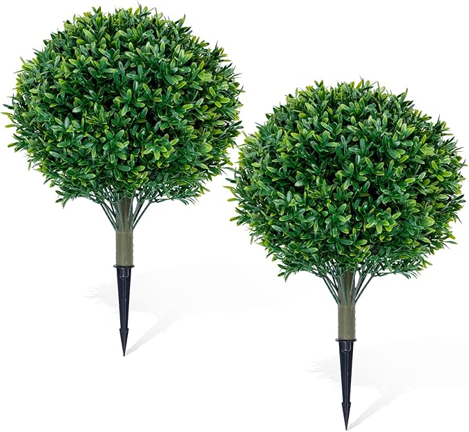 Premium 16" Diameter Artificial Japanese Boxwood Topiary – Set of 2 Faux Plants with Ground Spikes – UV-Resistant, Realistic Outdoor & Indoor Garden Décor – Weatherproof and Durable