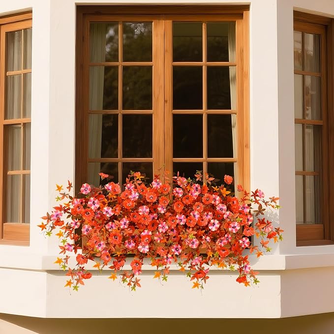 Artificial Fall Flowers for Outdoors Decoration, 2Pcs Fake Petunias Silk Plants UV Resistant No Fade, Realistic Faux Flower Look Real for Outdoor Planters Garden Porch Patio (Fall Orange)