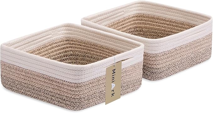 Small Square Shallow Baskets for Organizing, 9.7x9.7x4.3 Inch Rope Woven Storage Bins for Cubes Closet, Shelves Storage, Boho Decorative Basket, 2 Packs Gradient Brown