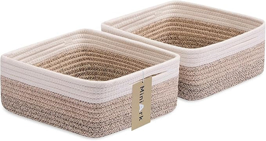Small Square Shallow Baskets for Organizing, 9.7x9.7x4.3 Inch Rope Woven Storage Bins for Cubes Closet, Shelves Storage, Boho Decorative Basket, 2 Packs Gradient Brown