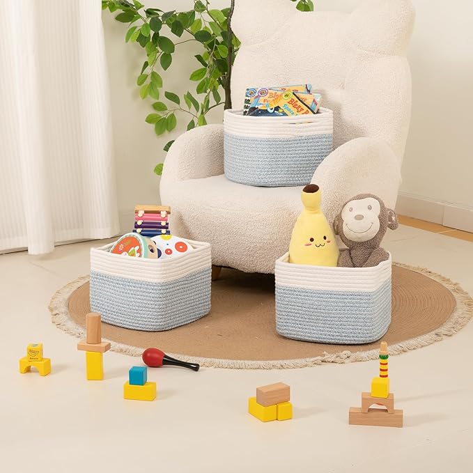 OIAHOMY 9”x9”x7” Storage Cubes, Cotton Rope Woven Baskets for Organizing, Cube Storage Bin, Small Gift Basket for Shelf, 3-Pack, Blue&White