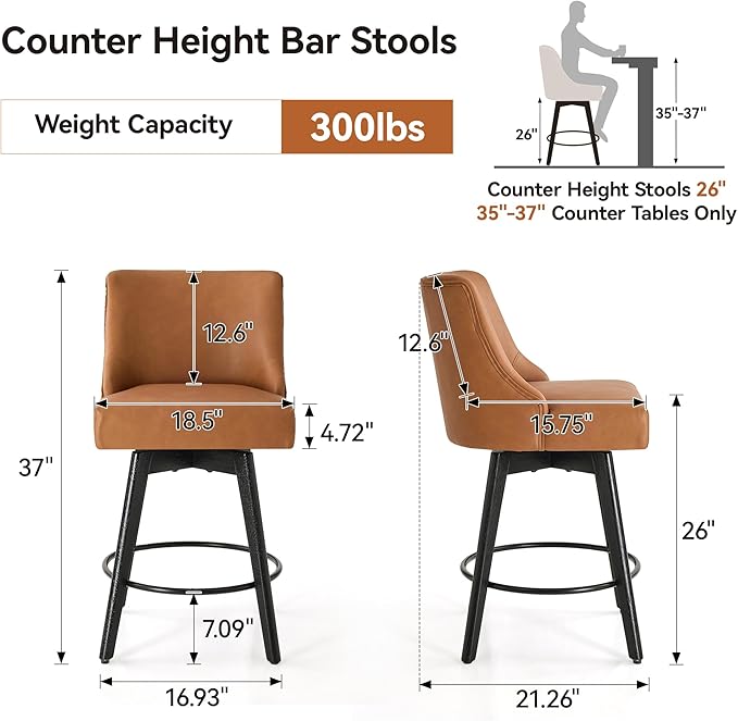 Vipbear Counter Height Bar Stools Set of 3, 26" H Swivel Bar Stools with Backs, PU Leather Upholstered Bar Chairs with Solid Wood Legs for Kitchen Island, Dining Room, Home Bar, Brown