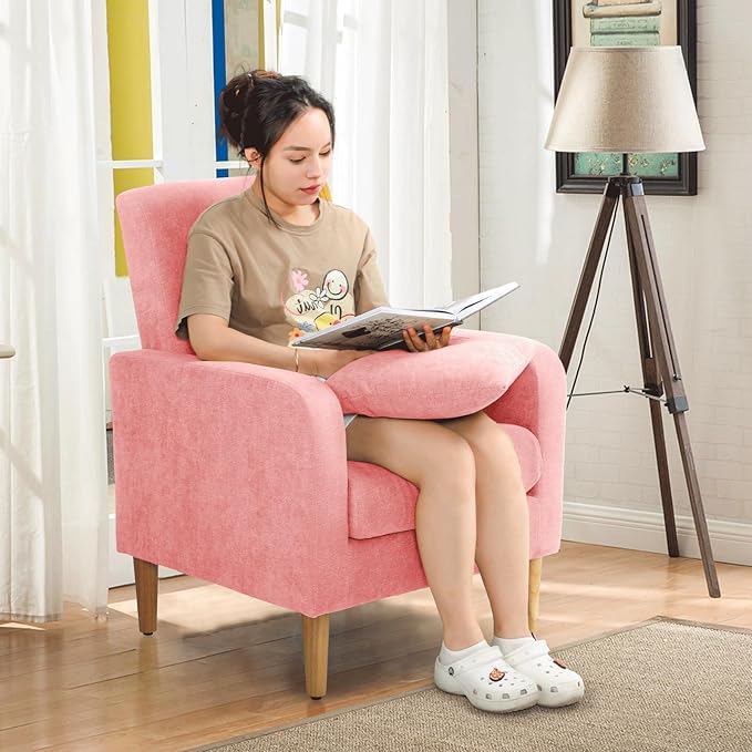 Athena Collection Modern Accent Chair with Cushion, Comfy Upholstered Fabric Reading Chair for Adult, Soft Sofa Armchair for Living Room, Bedroom, Dorm, Pink