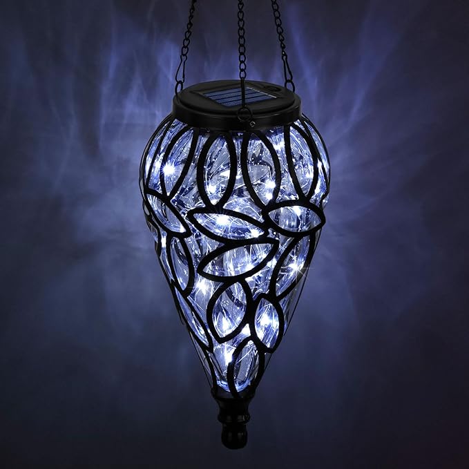 LEWIS&WAYNE Solar Hanging Lantern Outdoor Lights, Tear-Shaped 15 LEDs Cool White Hanging Lights with S Hooks Decor in Garden, Yard, Pathway, Front Door and Landscape