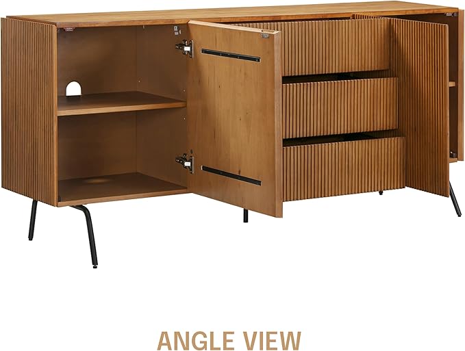 NTC Veil Sideboard with 2 Doors and 3 Drawers, Buffet Cabinet with Vertical Groove Design and Metal Legs, Storage Cabinet for Living Room, and Entryway, Effortless Assembly, Teak Look