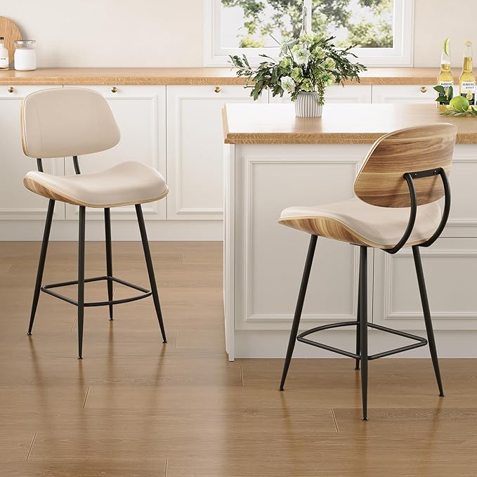 Mid Century Modern Bar Stools Set of 3, PU Leather Counter Height Stools with Walnut Bentwood Back & Metal Legs, 26.7" Barstools Kitchen Island Chairs with Footrest for Home Bars, Beige