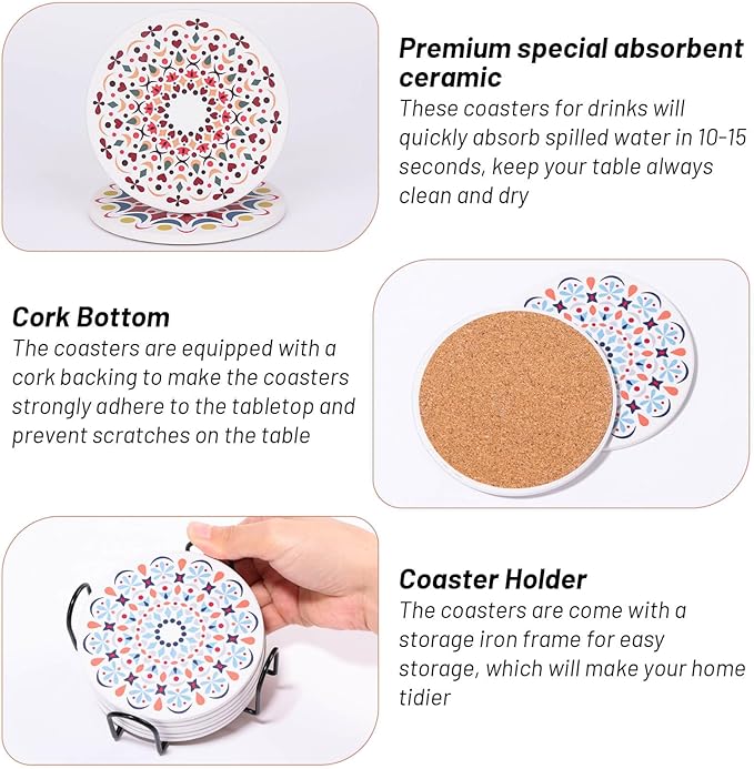 Acejoz Drink Coasters Set of 6, Mandala Design, Ceramic, Round, 4 Inches, Multicolor
