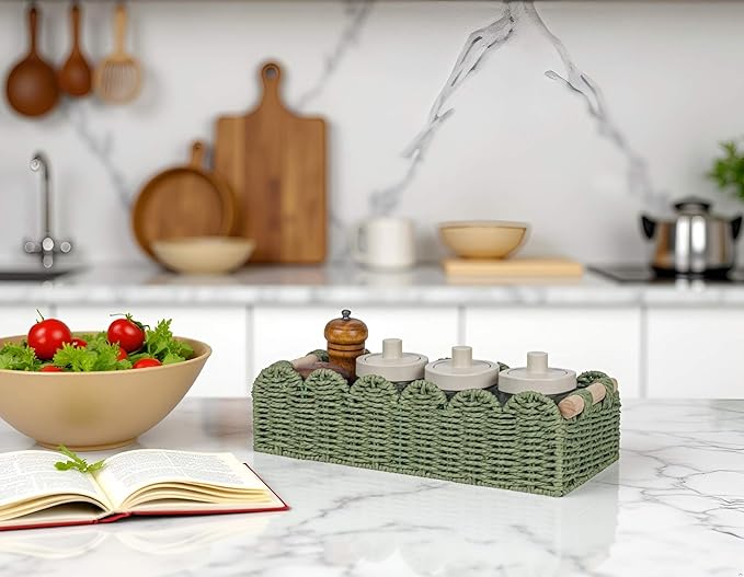 CubesLand Scalloped Decor Basket for Living Room, Home, Bathroom, 2SAME SIZE Paper Rope Basket, Toilet Storage Baskets for Over Toilet Storage Shelf, Cozy Woven Basket Both Storage&Decor, Green