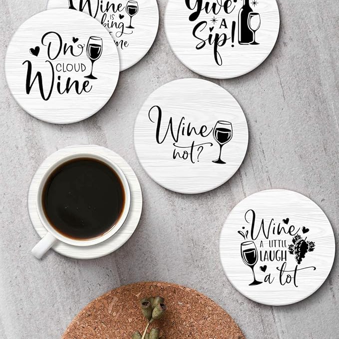 Britimes Coaster for Drinks Set of 6, Inspirational Motivational Phrase Absorbent Round Ceramic Stone Mat, with Cork Base and Metal Holder, Gift for Housewarming Room Bar Decor