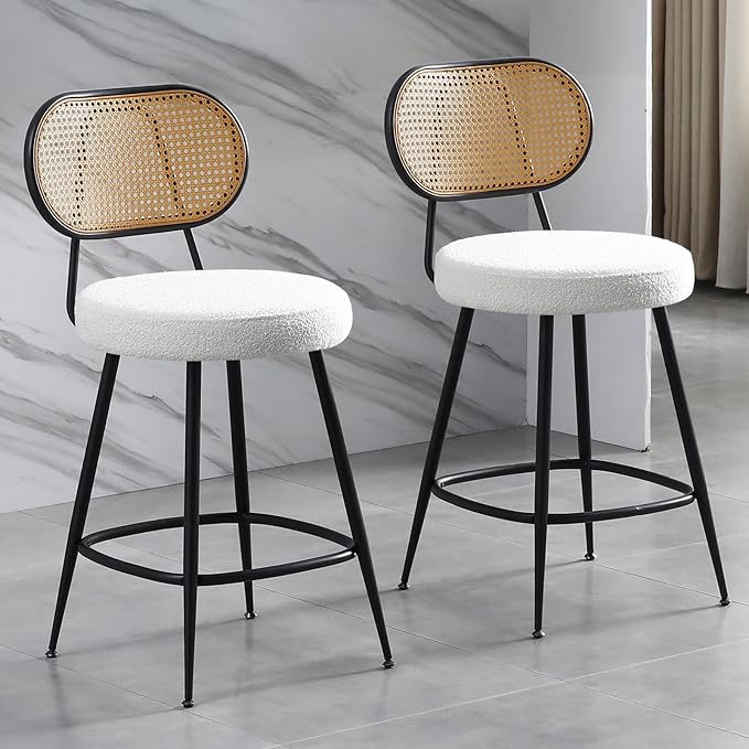 26" Rattan Barstools Set of 2, Counter Height Bar Chair with Black Metal Legs, Modern Armless Sherpa Pub Chair, Adjustable Feetpads Stools for Home Counter, Kitchen Dining Island, Cafe(Beige)