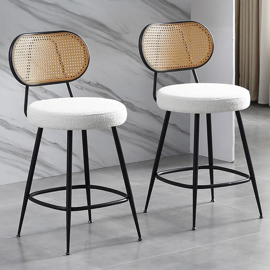 26" Rattan Barstools Set of 2, Counter Height Bar Chair with Black Metal Legs, Modern Armless Sherpa Pub Chair, Adjustable Feetpads Stools for Home Counter, Kitchen Dining Island, Cafe(Beige)