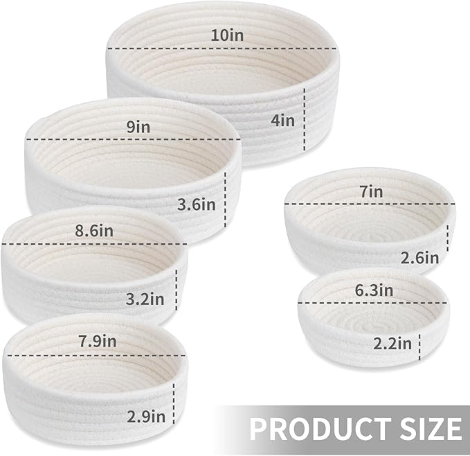 Small Shelf Storage Baskets for Organizing, 6 Pack Round Cotton Rope Bins, Decorative and Cute Woven Baskets for Bedroom and Closet, Key Tray Bowl, Home Decor Countertop Organizer (Beige)