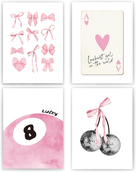 Pink Coquette Trendy Preppy Wall Art Prints Set of 4, Coquette Room Decor, Preppy Room Decor Aesthetic, Pink Bow Disco 8 Ball Cherry Wall Decor Posters for Girls Bedroom Dorm, 12x16 Unframed