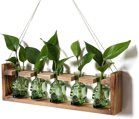 Plant Terrarium Propagation Stations Halloween Skull Planter Vase Skulls Decor with Wooden Stand Gife for Father - 5 Vases