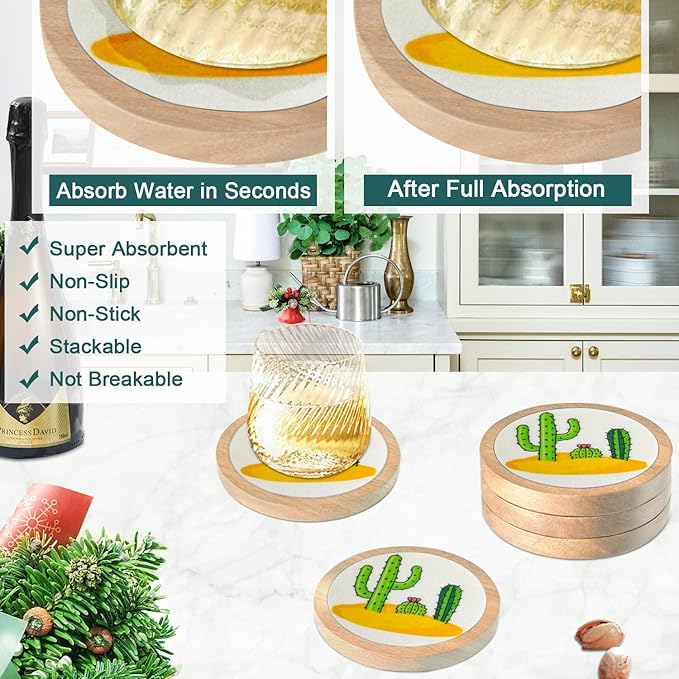 Cactus Coasters for Drinks, Minacun Absorbent Coaster Set of 5, Funny Coasters for Coffee Tabletop Protection, Unique Gift for Home, Office, Bar Decor, 4.3 Inches