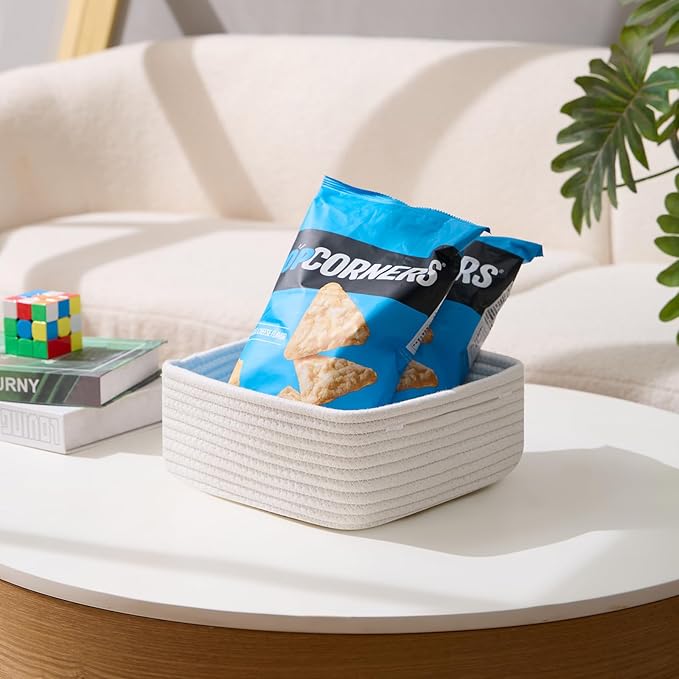 Small Square Shallow Baskets for Organizing, 9.7x9.7x4.3 Inch Rope Woven Storage Bins for Cubes Closet, Shelves Storage, Boho Decorative Basket, 2 Packs Off White