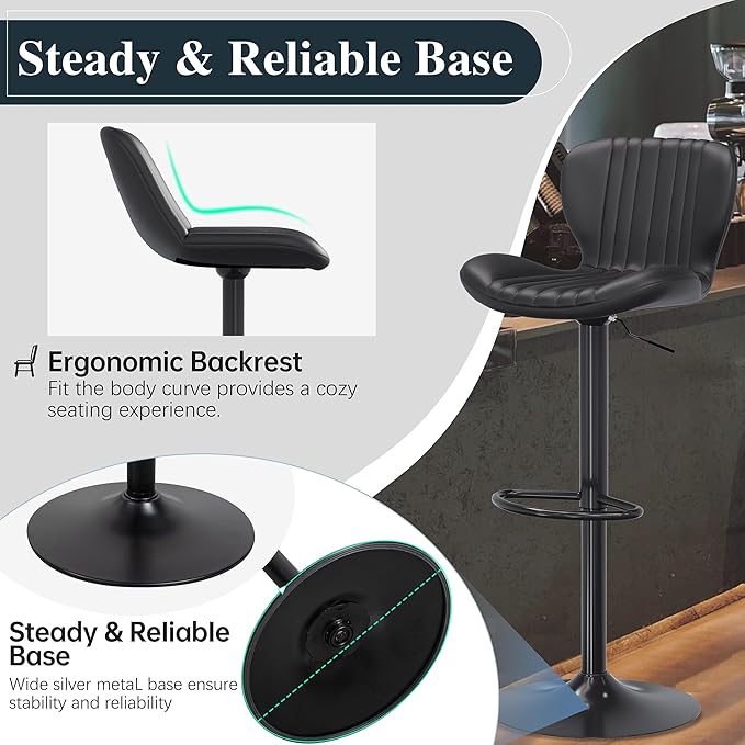 SUNLEI Adjustable Height Bar Stool, Swivel Bar Stools Set, Barstools Counter Height, bar stools Adjustable for Kitchen Counter, Island, Dining Room Black, Set of 2