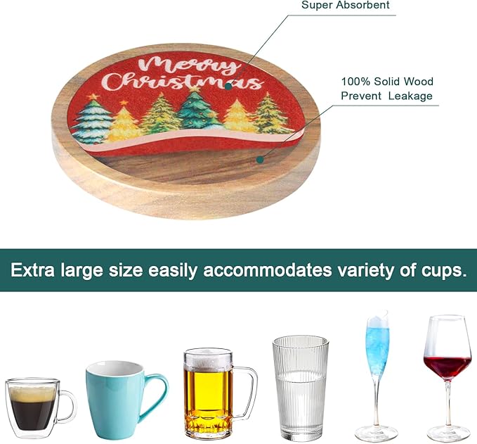 Christmas Tree Coasters for Drinks with Holder, Minacun Absorbent Coaster Set of 6, White Elephant Gifts, Secret Santa Gifts, Xmas Decor, Drinks Coasters for Coffee Tabletop Protection, 4.3 Inches