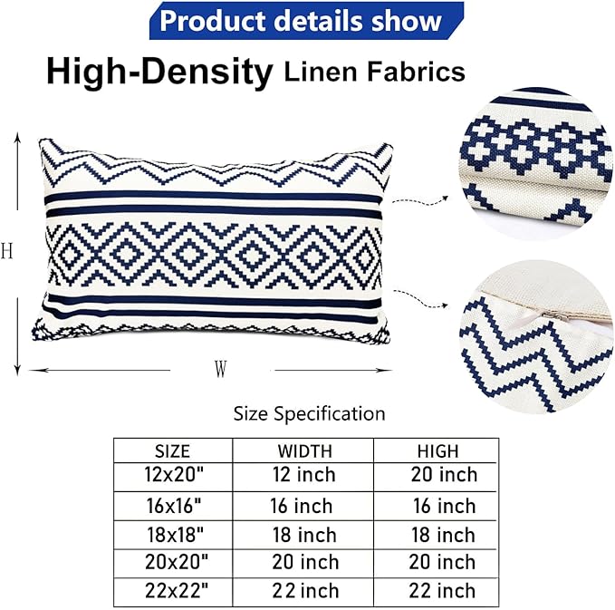 Decorative Throw Pillow Covers Set of 2 Blue Boho Pillow Covers 12x20 Inch Throw Pillow Cover Linen Pillowcase Modern Farmhouse Outdoor Pillow Covers for Couch Sofa Bed Living Room