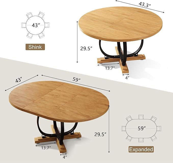 59" Round Extendable Dining Table for 4-6, Modern Oval Kitchen Table with Heavy Duty Curved Legs & Wood X-Based, MDF Board with Spring Buckle, Space Saving, Dining Kitchen Living Room, Oak