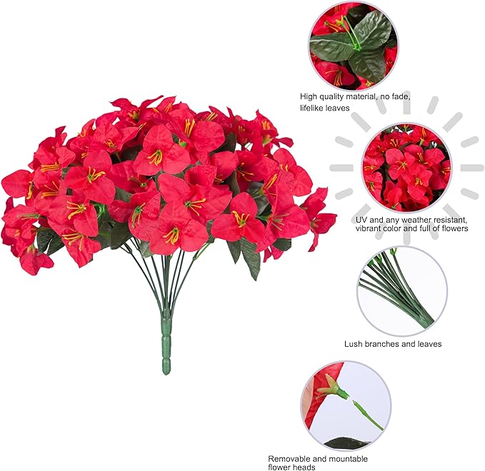 Ivydale Artificial Bougainvillea Flowers for Outdoors Decoration, 4 Bundles Fake Flower UV Resistant Realistic Silk Flowers for Outside, Faux Plants for Planter Patio Porch Window Home Decor (Red)