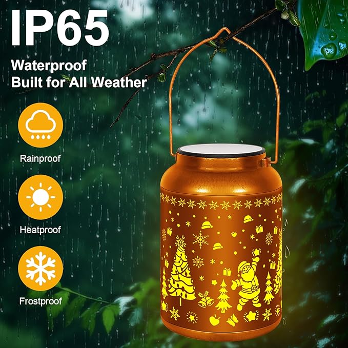 2 Pack Solar Lantern Outdoor Waterproof Christmas Tree Snowflake Decor, 7-Color Changing & Warm White Light, 12H Long Lasting, Gifts for Women Mom Grandma, Hanging Metal Lights for Patio Yard Porch