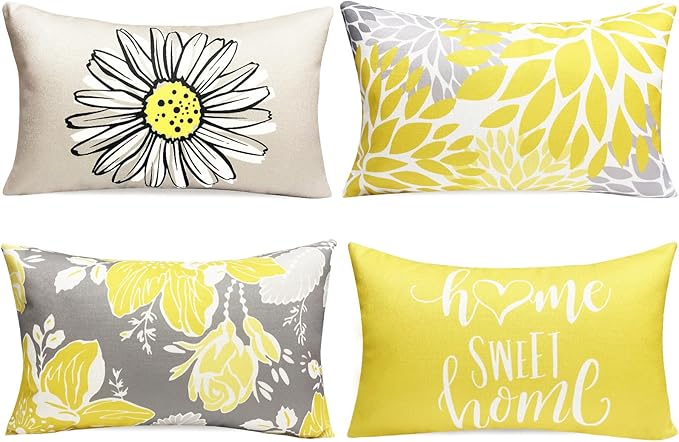 Decorative Throw Pillow Covers Set of 4 Yellow Pillow Covers 12x20 inch Throw Pillow Cases Linen Square Pillow Case,Farmhouse Outdoor Modern Boho Pillow Covers for Couch Sofa Living Room