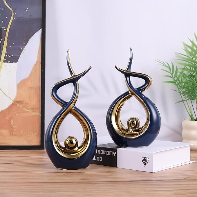 Gold Blue Modern Sculpture Table Decorations, Ceramic Knick Knacks Statues for Living Room Decor, Tv Stand and Desk Decor, Suitable for Coffee Tables and Shelf Decorations, Great Gift Idea