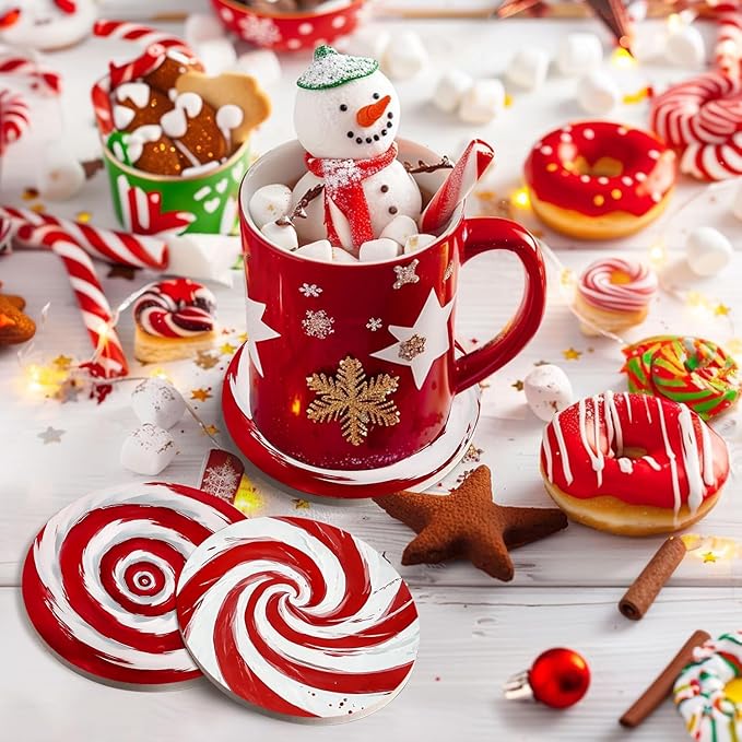 Christmas Drink Absorbent Coasters with Holder Set of 6, Ceramic Stone with Cork Base, Red and White Candy Cane Coaster for Drinks, Gift for Housewarming Room Bar Home Decor Kitchen