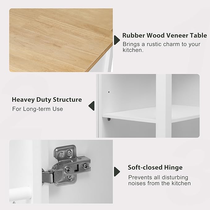 Merax Kitchen Island on Wheels with Extendable Dining Table & Power Outlet, Wood Kitchen Rolling Cart with Internal Storage Rack, 2 Drawers & 2 Cabinets, 47" Wide White