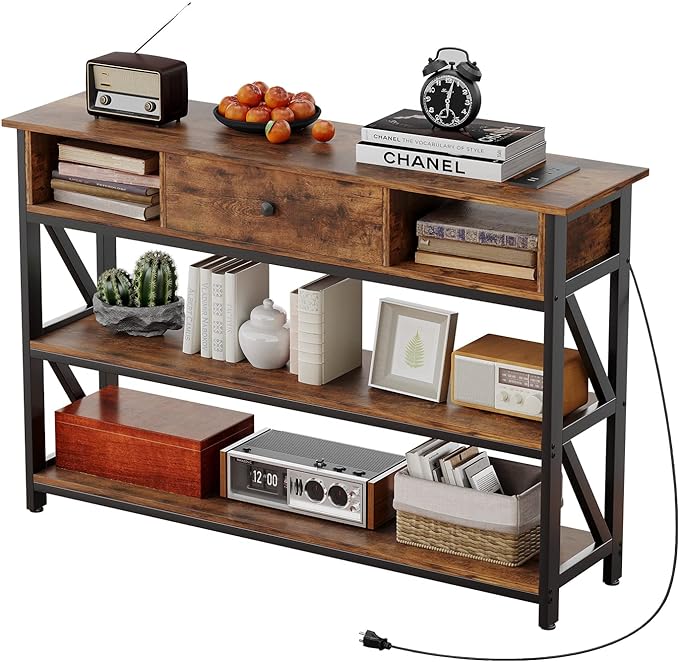 Mexin 47 Inch Console Table with 2 Outlet and 2 USB Ports, Entryway Table with Drawer and Storage Shelves, Narrow Sofa Table for Living Room and Hallway, Vintage Brown