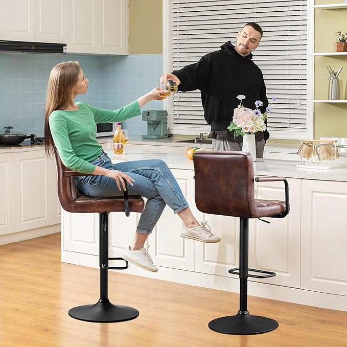 Furniliving Swivel Bar Stools Set of 4, Adjustable Kitchen Counter Height BarStools with Arms, PU Leather Upholstered Bar Chair with Back and Footrest for Dining Room, Kitchen, Pub, Bar (Darkbrown)