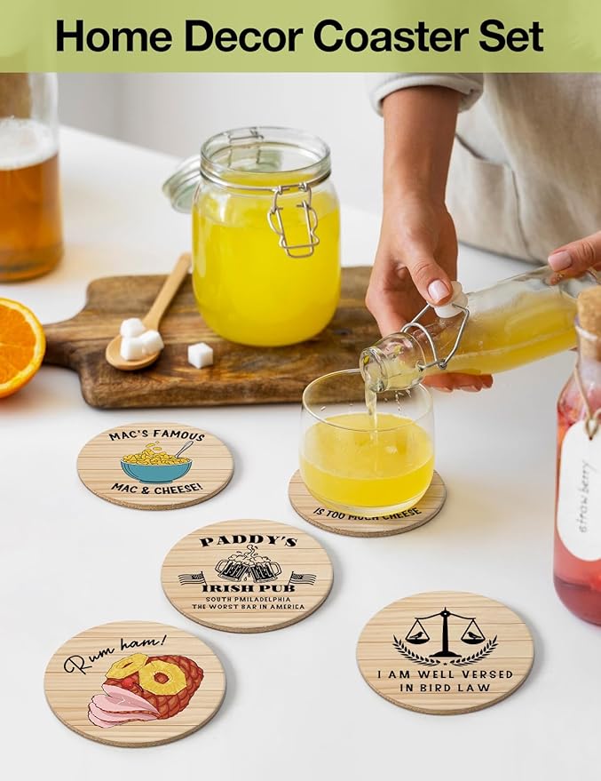 Funny Sunny in Philadelphia Coasters for Drinks - Always Sunny in Philadelphia Merch Coasters Set of 6 with Holder, Always Sunny TV Show Themed Coaster Gifts for Women Fans