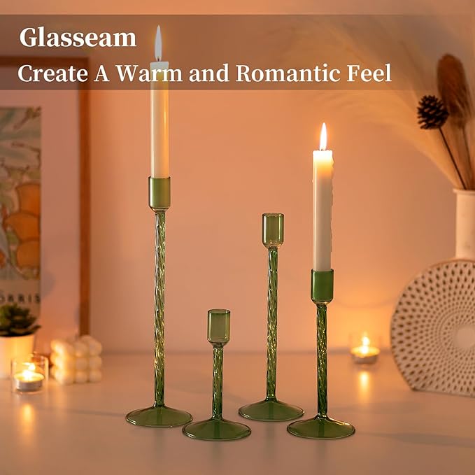 Glasseam Green Glass Candlestick Holder: Tall Candle Stick Holder Set of 4 Candlestick Holders for Taper Candles Modern Decorative Candle Holders for Table Centerpiece Wedding Christmas Home Decor
