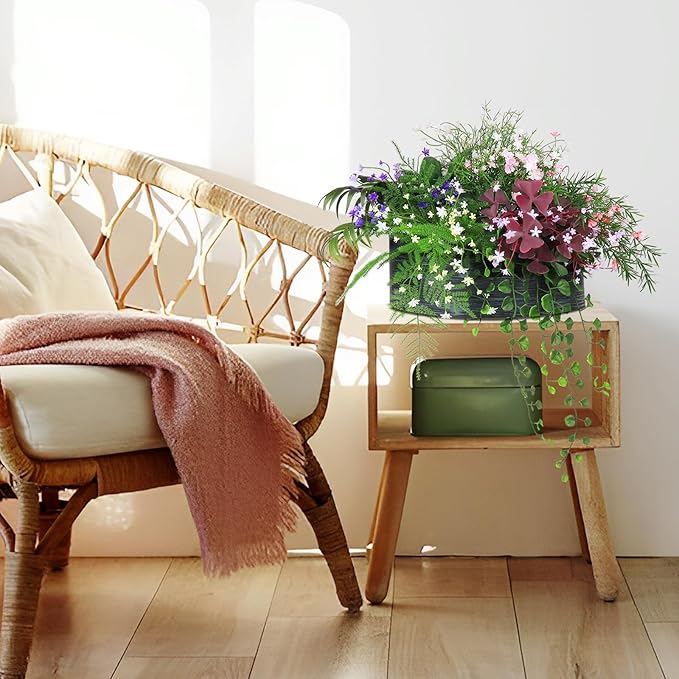 6 in 1 Artificial Plants & Flowers, Potted Fake Asparagus Oxalis BabyBreath Grass Plant for Home Decor Indoor Outdoor, Office Greenery Tabletop Centerpieces