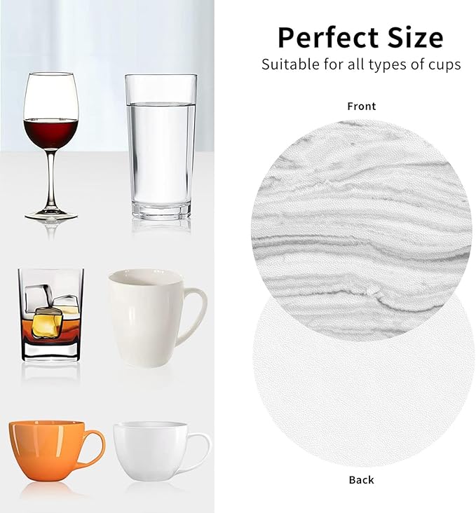 Grey Marble Coasters Set of 6 Coasters for Drinks Absorbent Double-Sided Leather PVC Coaster for Tabletop Protection Coffee Table Decor Ideal for Home Decor House Warming Gifts