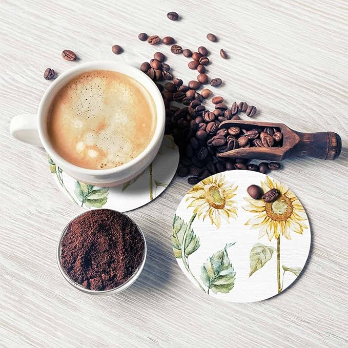 Yellow Sunflower Coasters for Coffee Table Bright Color Flowers Botanical Floral Nature Beauty Blossom Sketch Housewarming Presents for Women Men Home Decor Office Kitchen Living Room 2 Pcs