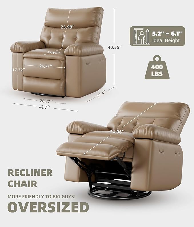 GarveeHome Oversized Rocker Swivel Recliner Chair - PU Leather Extra Wide Manual Recliner for Adults, Large Lazy Chair with 1.5X Sponge Comfort Arm and Back for Living Room, Bedroom