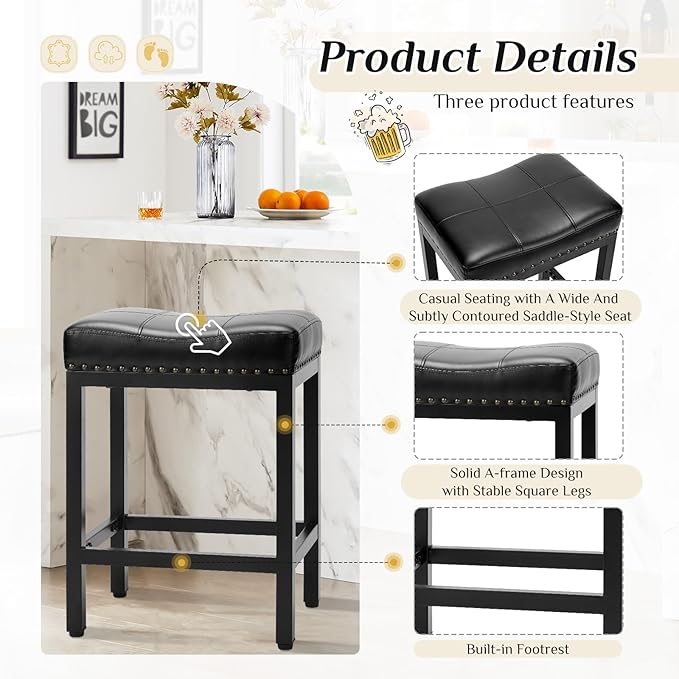 Sweetcrispy Bar Stools Set of 2, 24 Inch Counter Height Stools, PU Leather Upholstered Bar Chairs with Footrest, Modern Bar Stools for Kitchen Island, Dining, Living Room, Modern Black