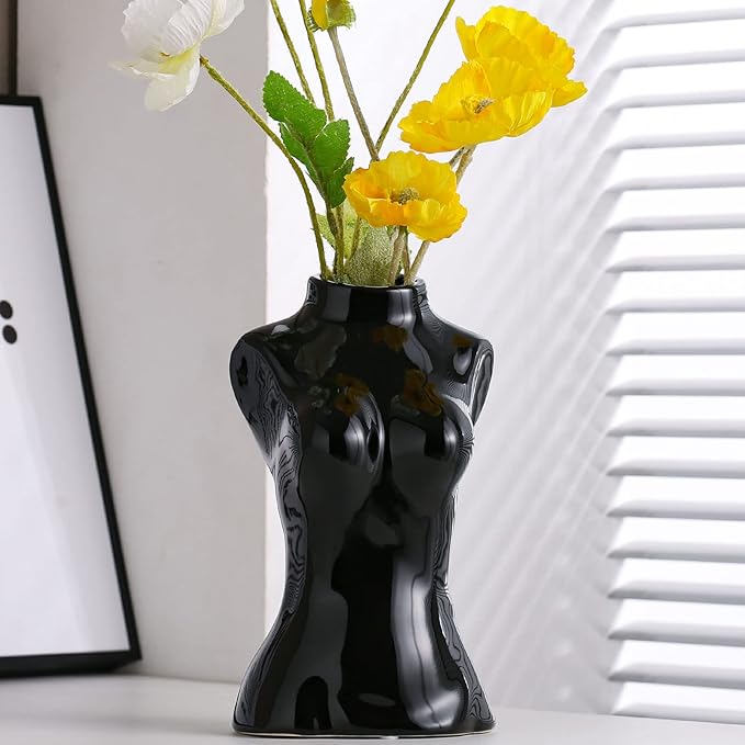hjn Female Body Vase- Ceramic Black Vase for Flowers,Morden Art Woman Shape Vases for Living Room/Home Decor Accents/Bookshelf/Mantel-Black