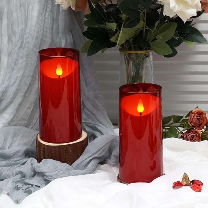 NURADA Flameless Candles with Remote Timer: 3D Wick Battery Operated Led Pillar Fake Candle Set for Wedding Birthday Christmas Decorations - Red 2 Pack